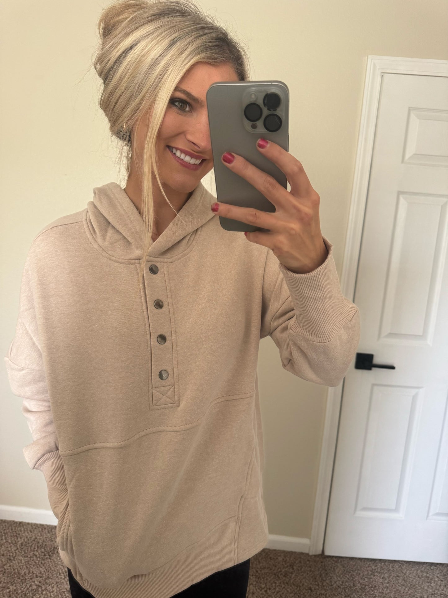 Beige Half Button Hooded Pullover