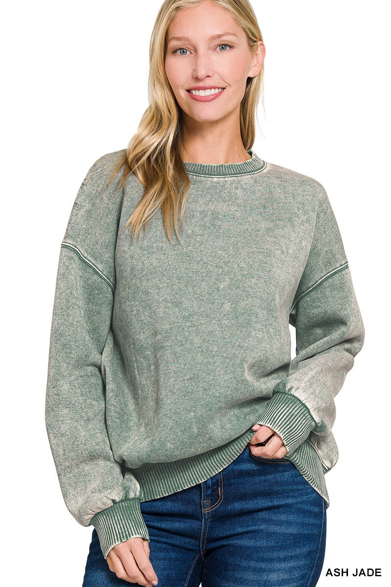 Jade Acid Wash Fleece Oversized Pullover Top
