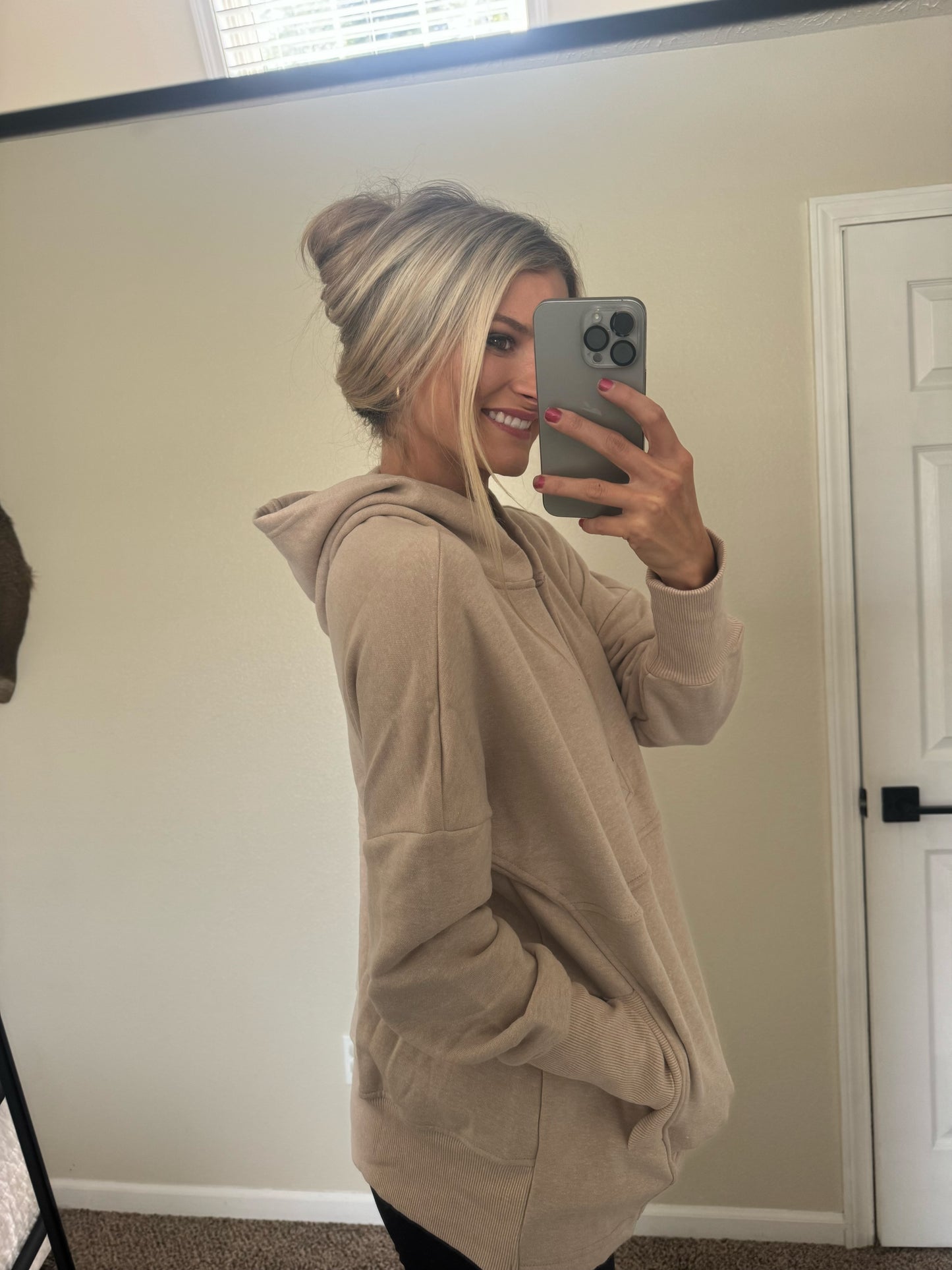 Beige Half Button Hooded Pullover