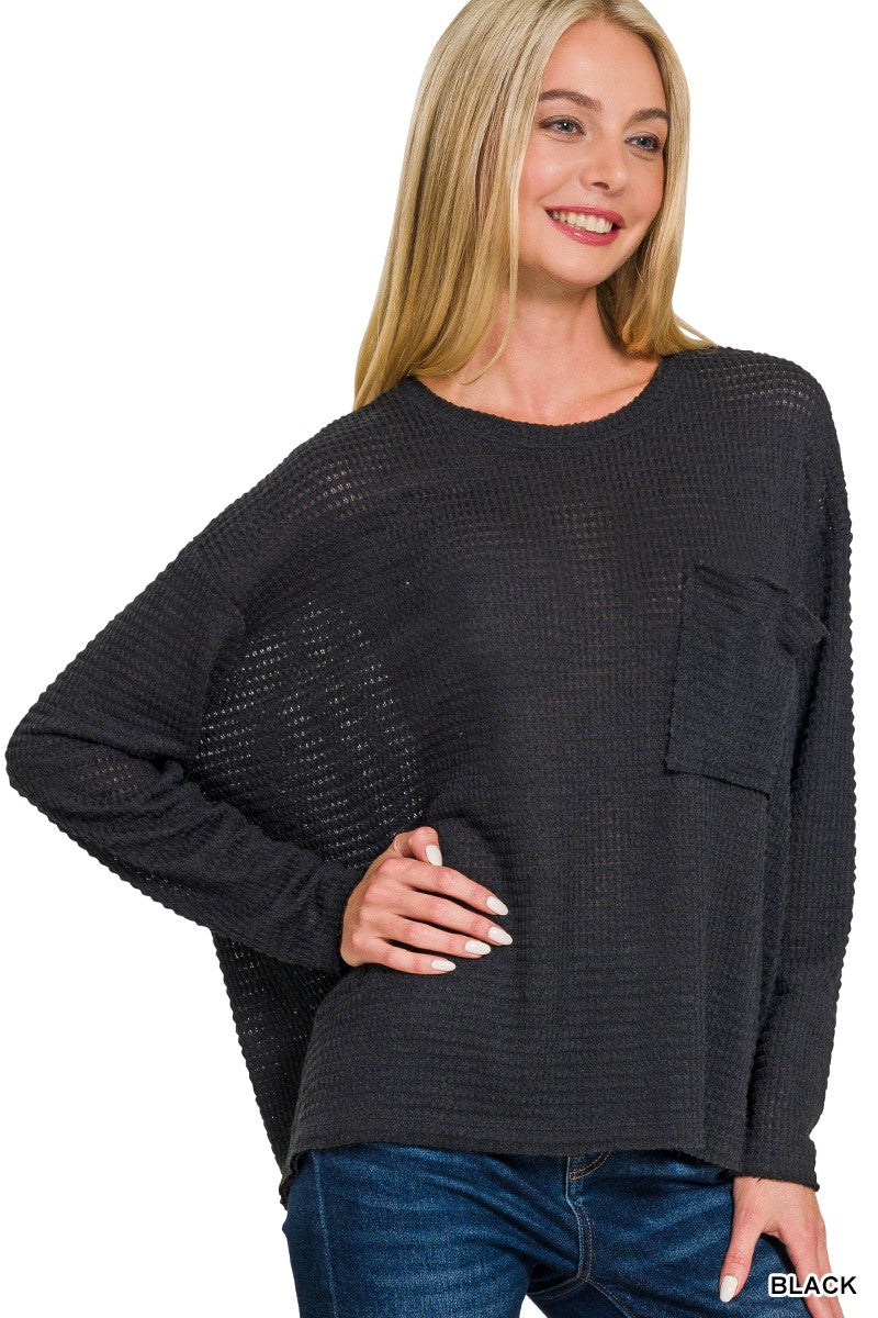 Waffle Knit Long Sleeve Top With Pocket