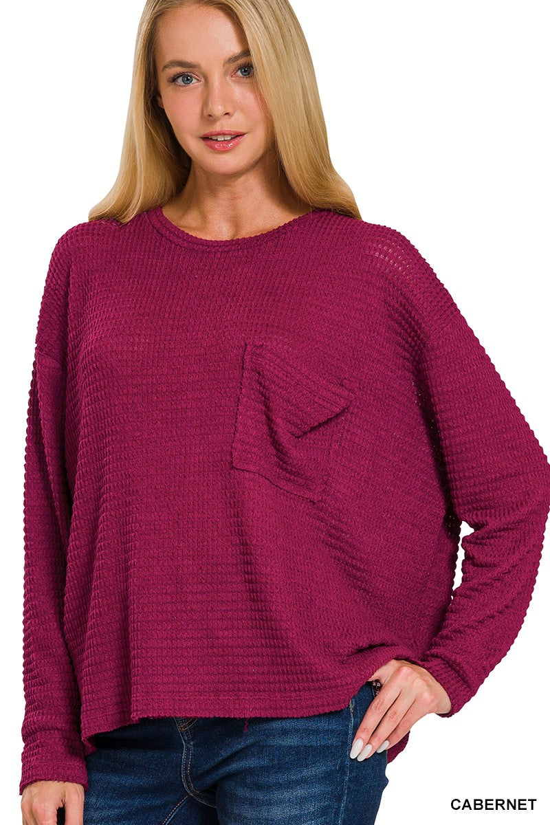 Waffle Knit Long Sleeve Top With Pocket