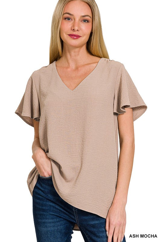 V Neck Flutter Sleeve Top