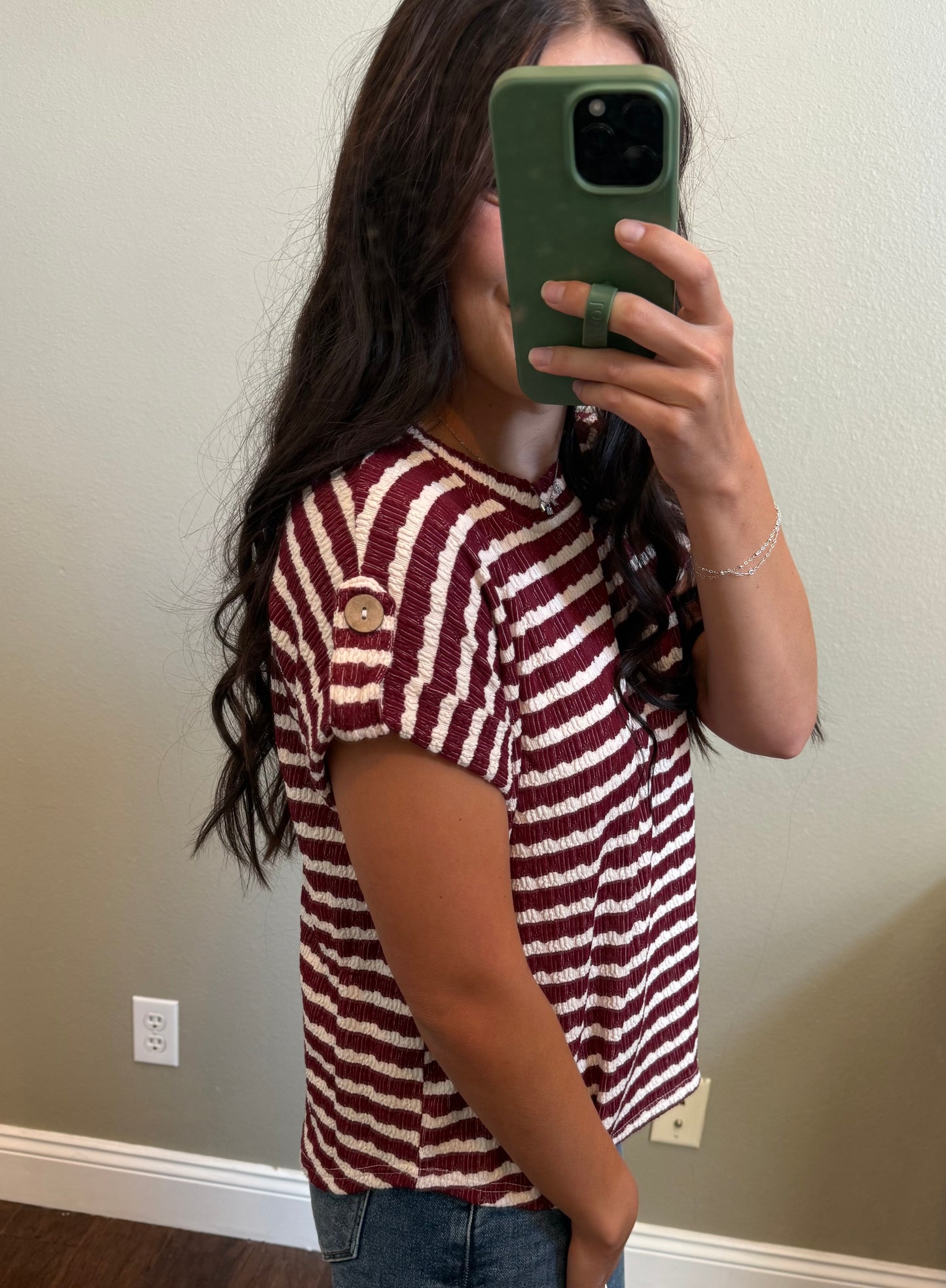 Burgundy & White Striped Top with Button Sleeve