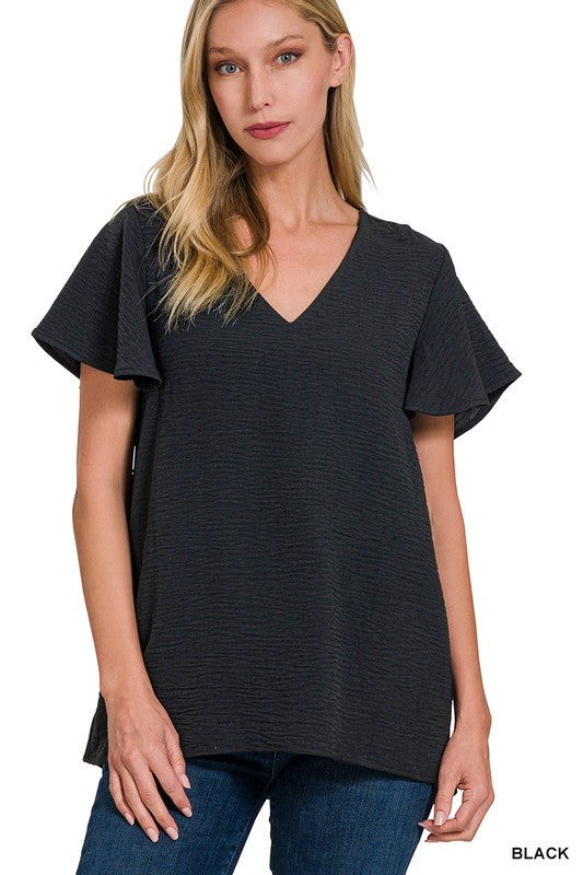 V Neck Flutter Sleeve Top