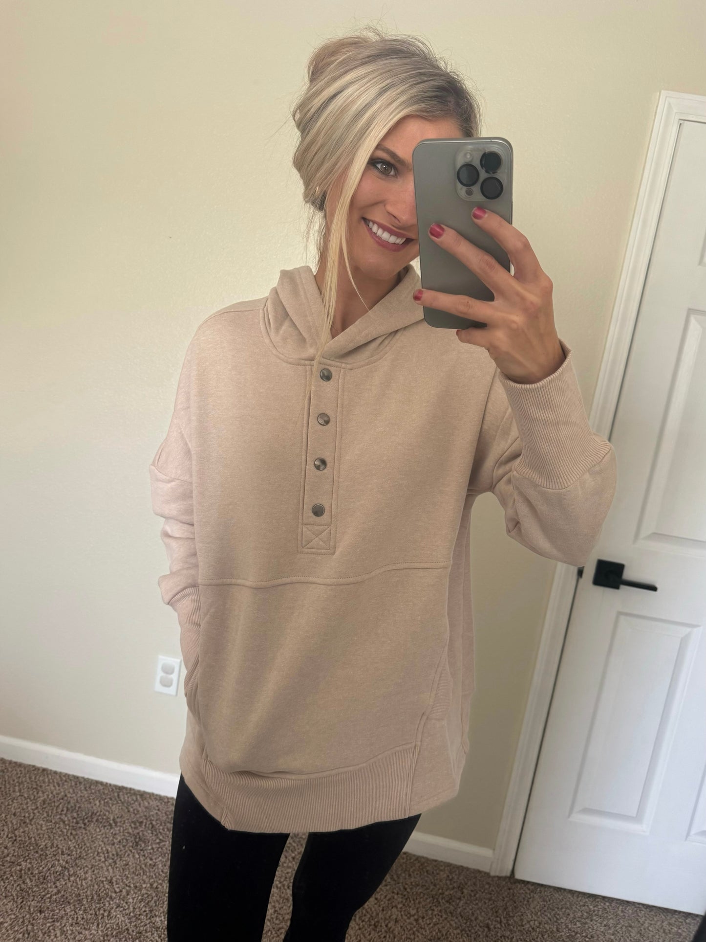 Beige Half Button Hooded Pullover