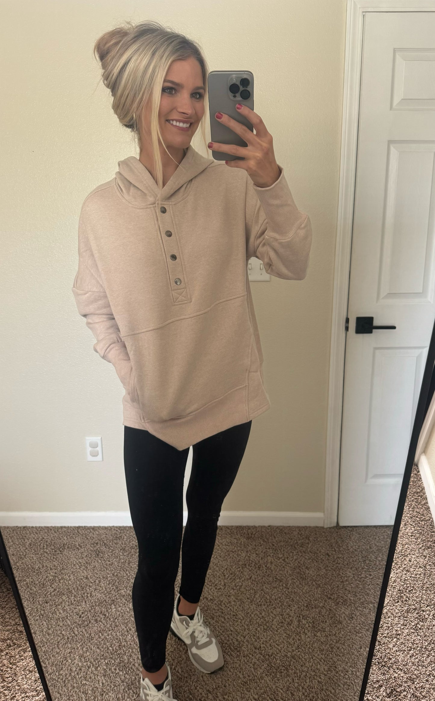 Beige Half Button Hooded Pullover