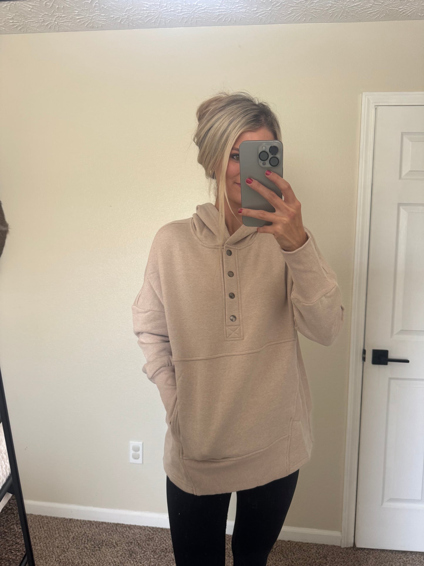 Beige Half Button Hooded Pullover