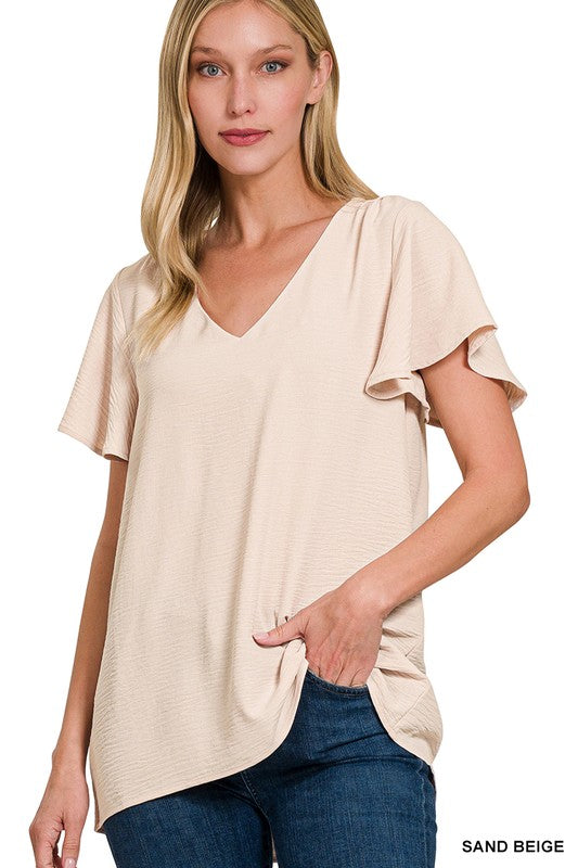 V Neck Flutter Sleeve Top