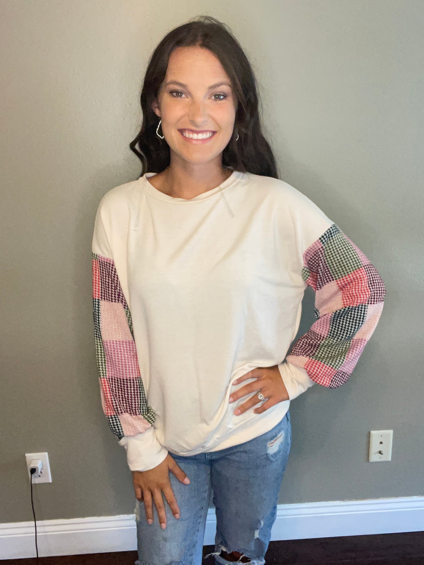 Cream Top With Checkered Balloon Sleeves