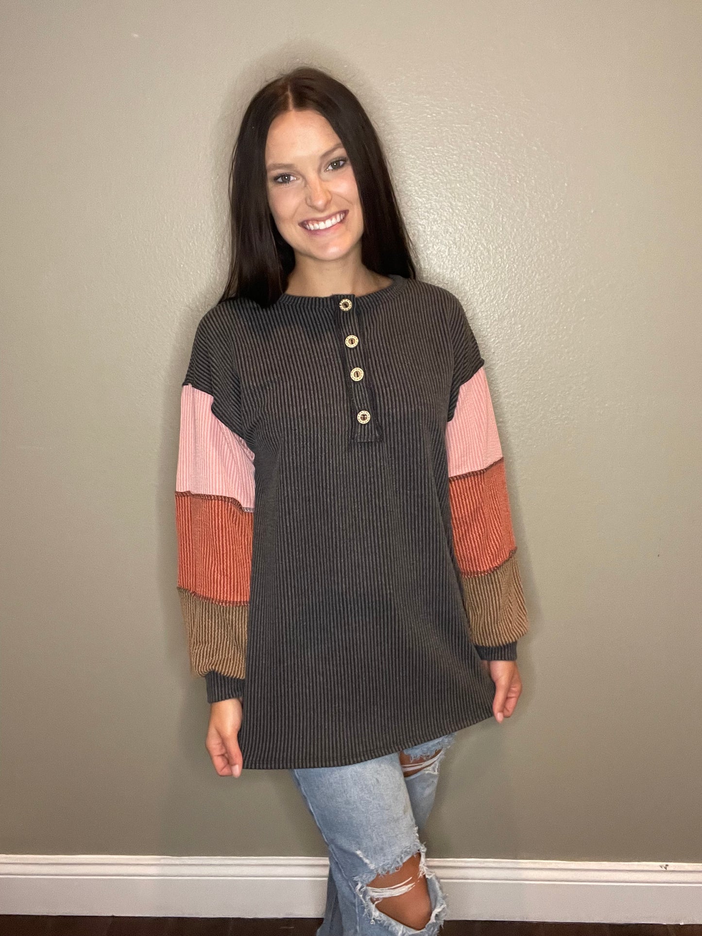 Charcoal Button Down Top With Color Block Sleeves