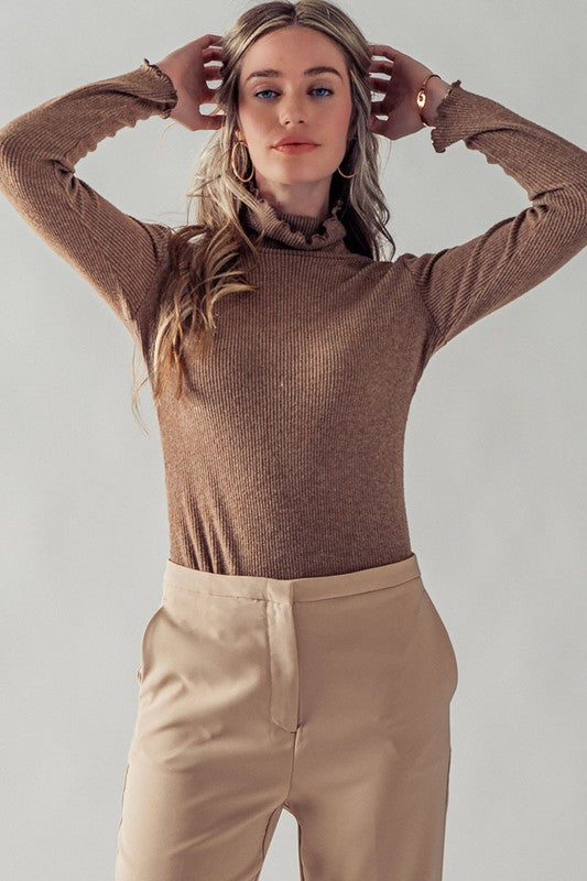 Mocha Ribbed Turtleneck Top