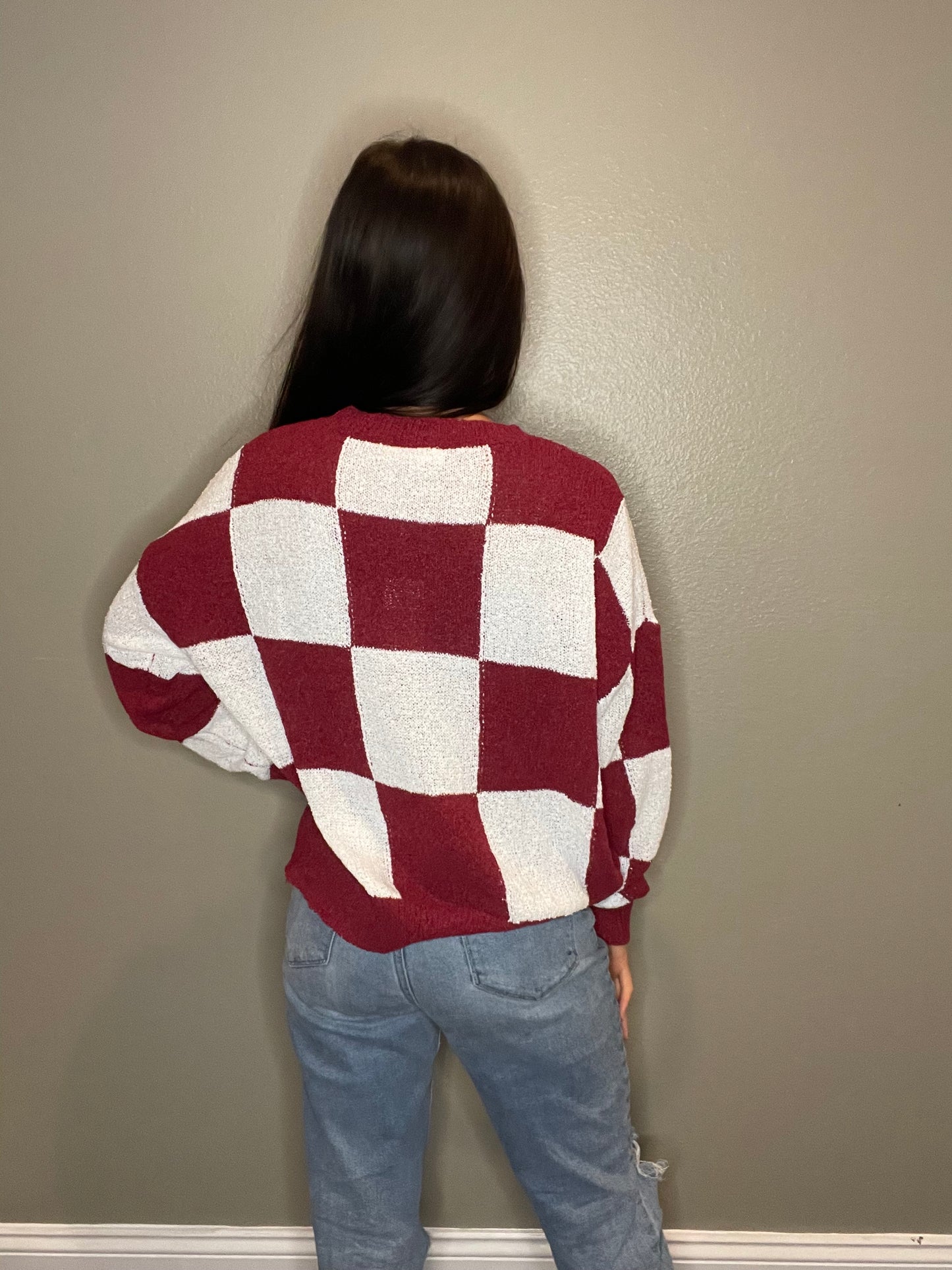 Maroon & White Checkered Print Sweater