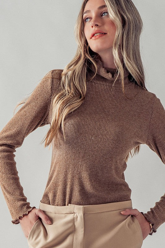 Mocha Ribbed Turtleneck Top