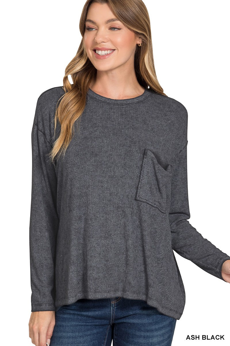 Ribbed Pocket Long Sleeve Top