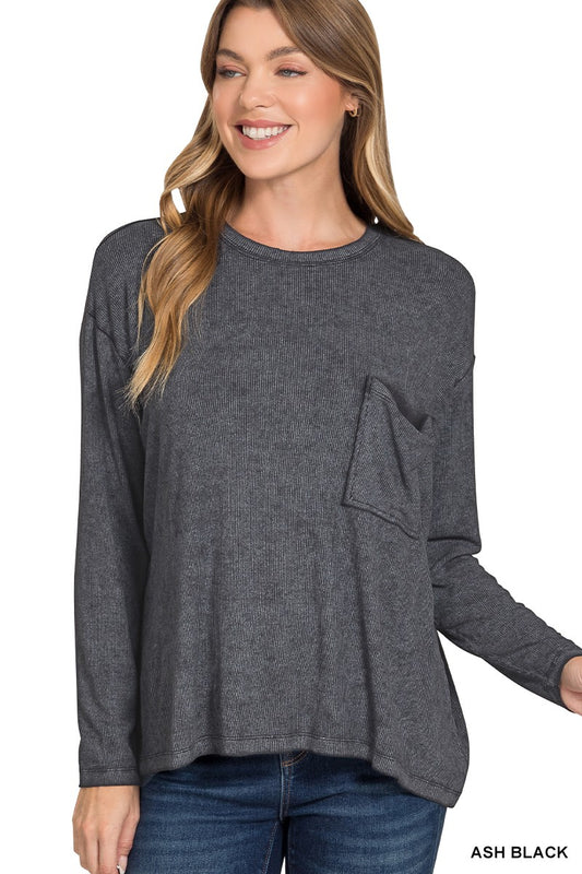 Ribbed Pocket Long Sleeve Top