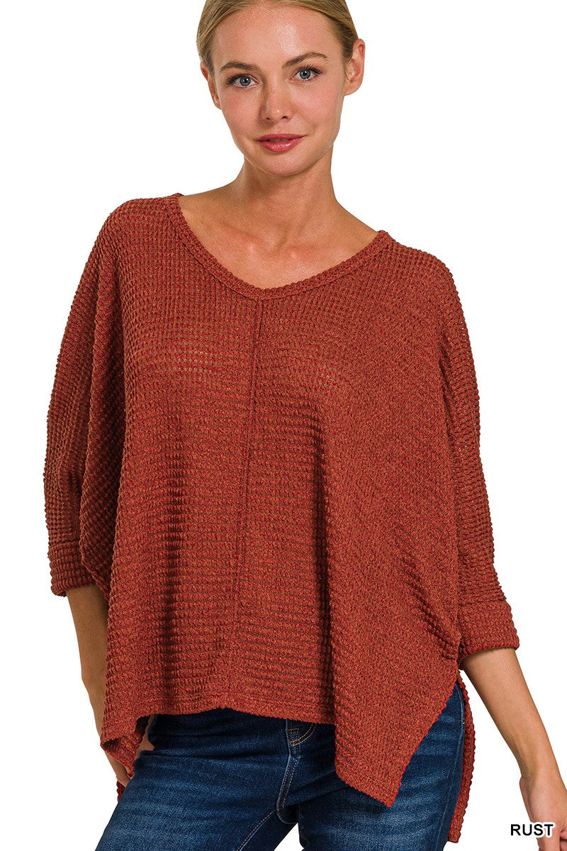 Rust 3/4 Sleeve Waffle Knit Sweater