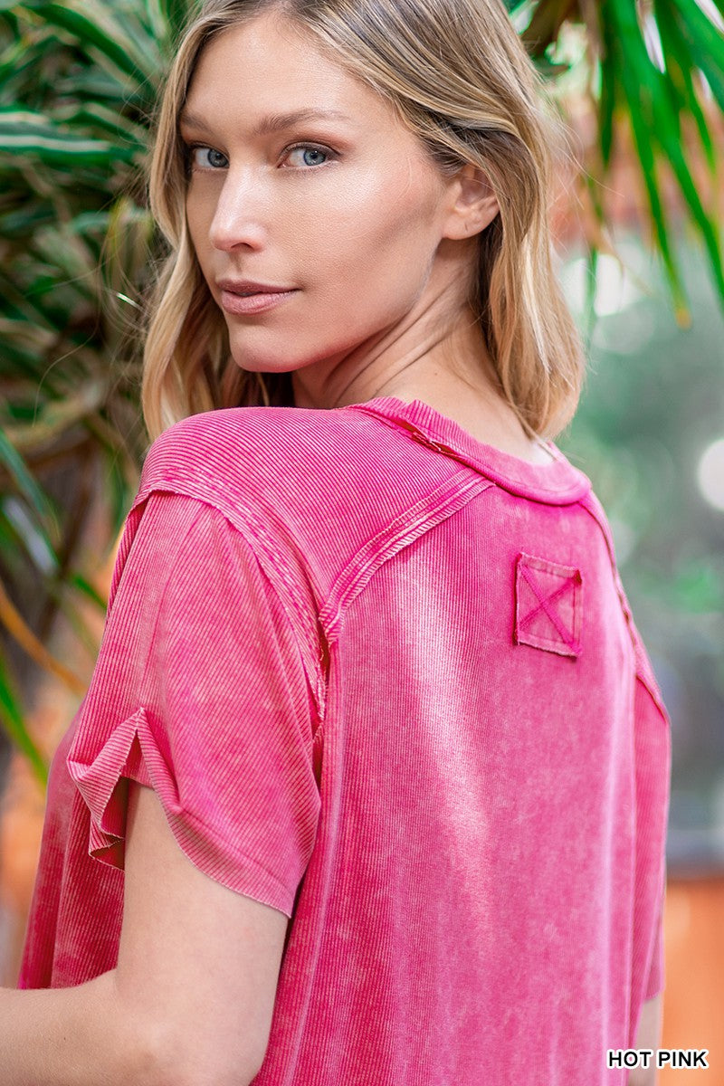Hot Pink RIbbed Acid Wash Top