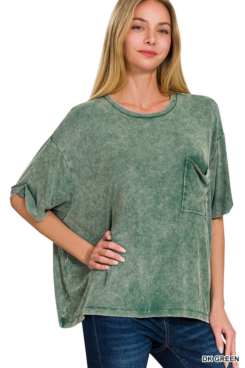 Olive Green Acid Wash Ribbed Top