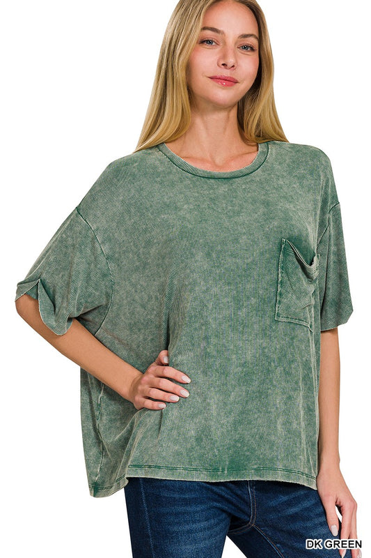 Olive Green Acid Wash Ribbed Top