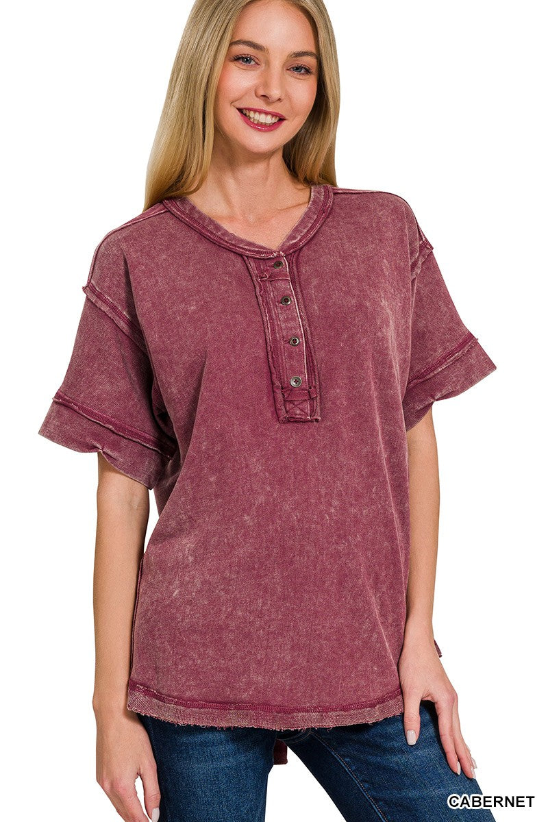 Burgundy Acid Wash Button Down Top