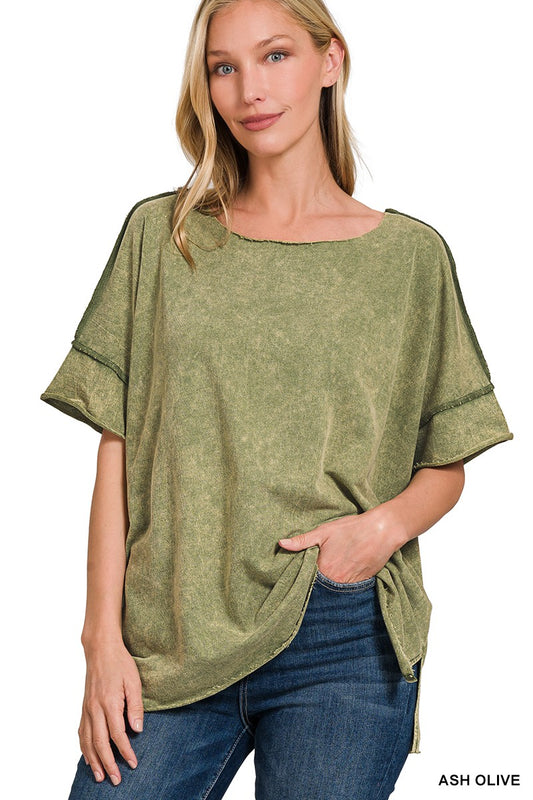 Olive Acid Wash Raw Edge Top