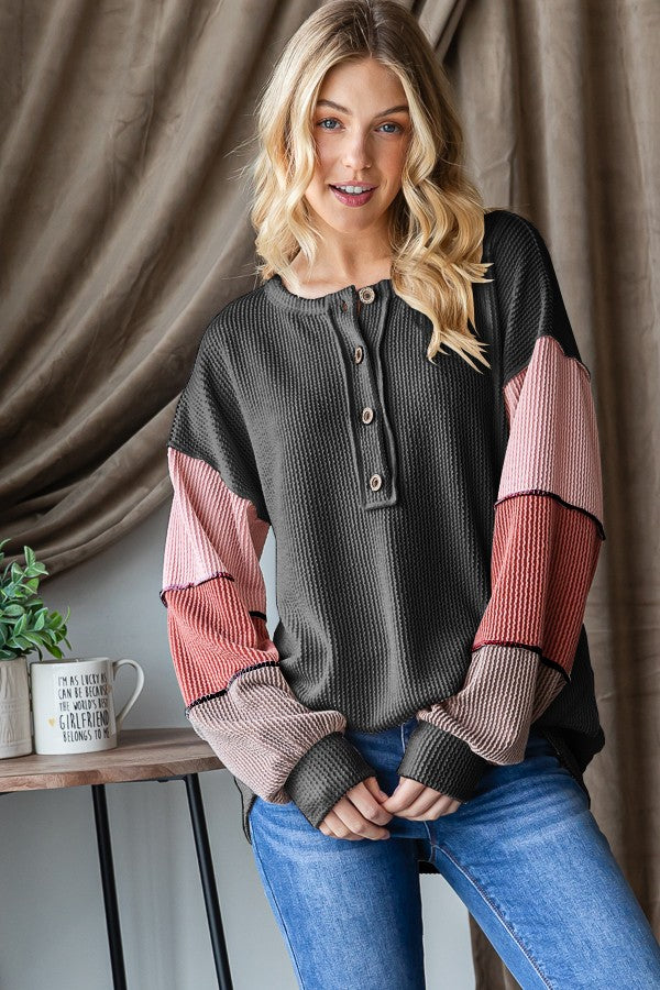 Charcoal Button Down Top With Color Block Sleeves