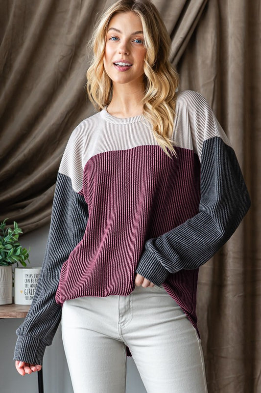 Burgundy and Gray Color Block Top
