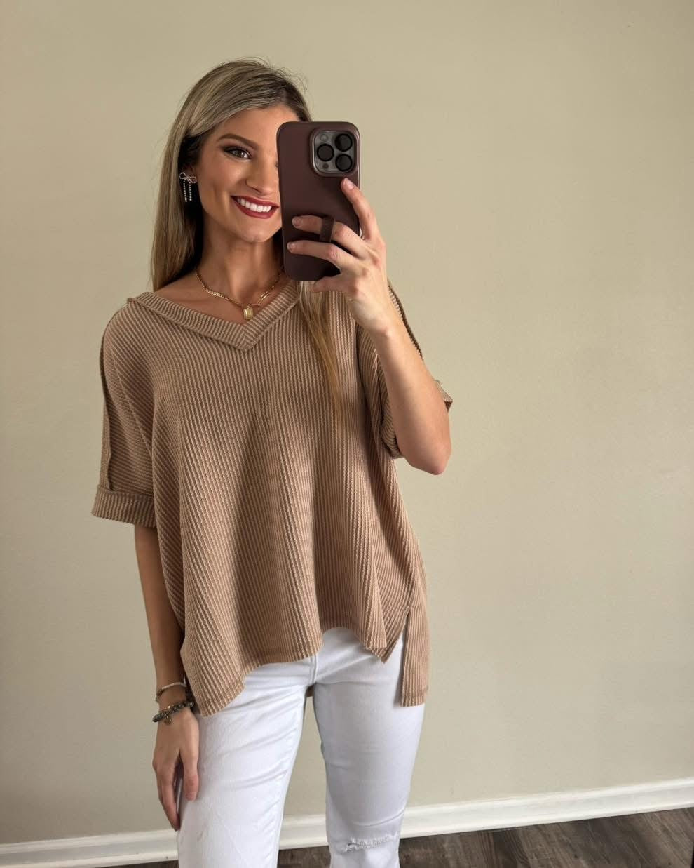 Ribbed Short Sleeve V Neck Top