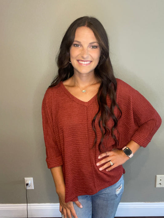 Rust 3/4 Sleeve Waffle Knit Sweater