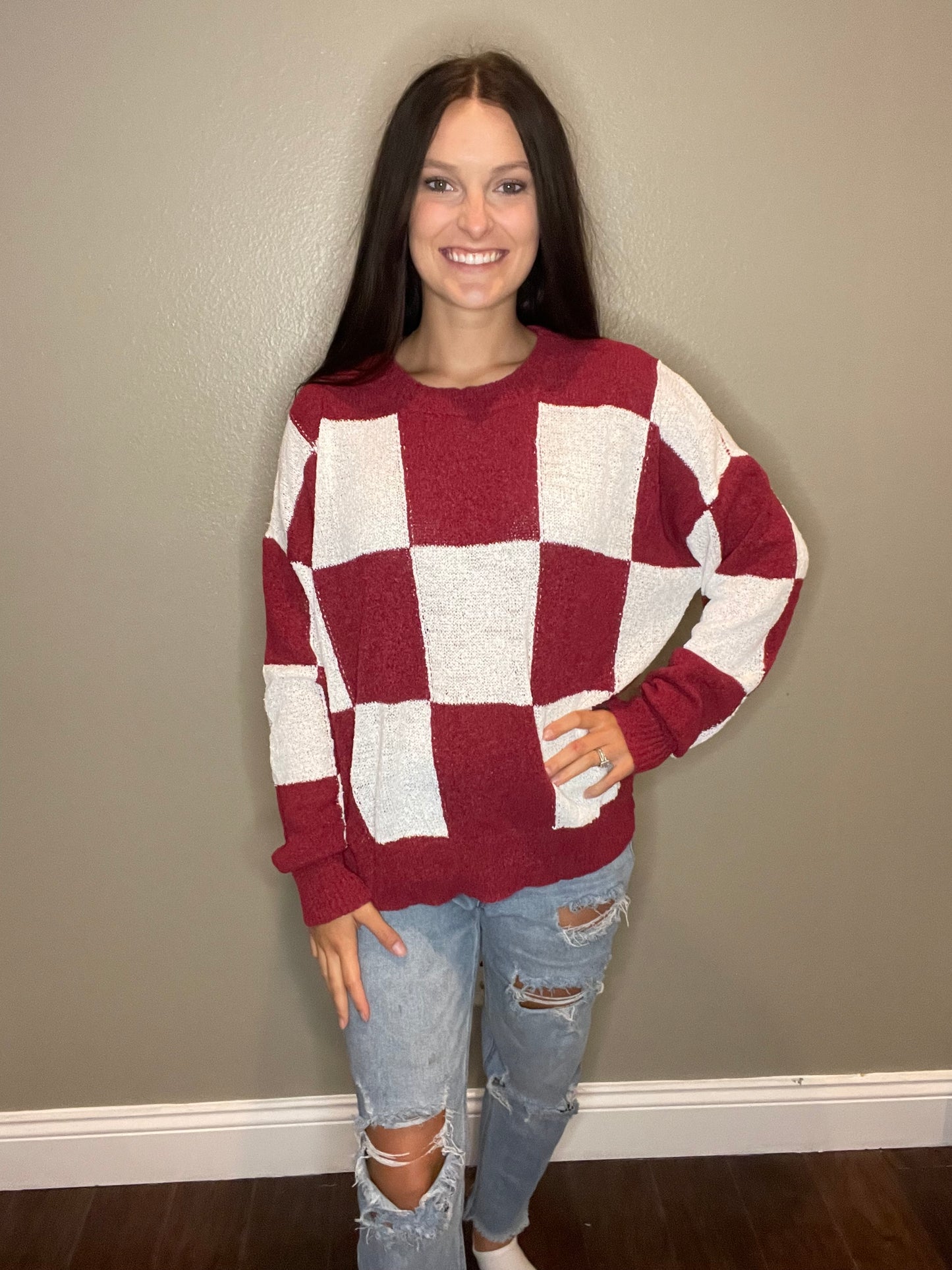 Maroon & White Checkered Print Sweater