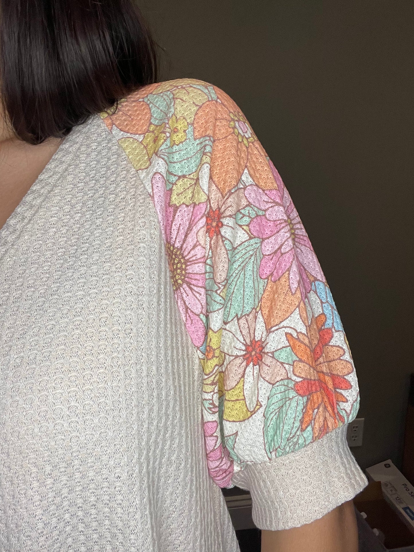 Oatmeal Waffle Knit Top With Floral Sleeves