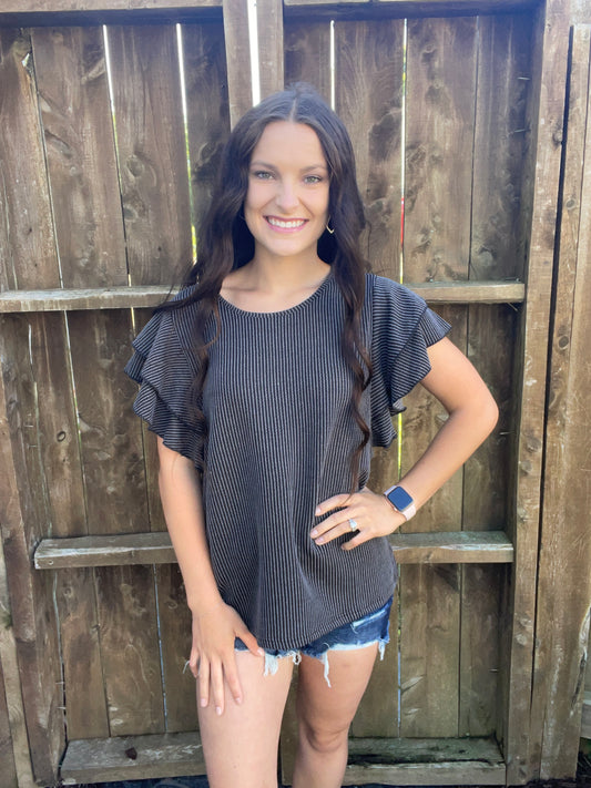 Charcoal Ribbed Ruffle Sleeve Top