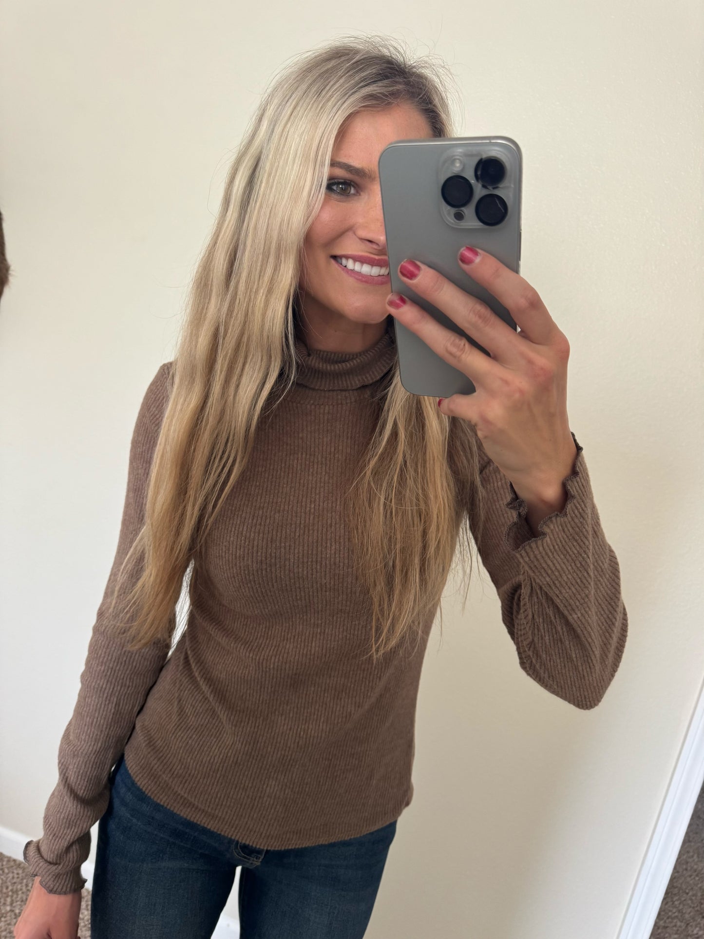 Mocha Ribbed Turtleneck Top