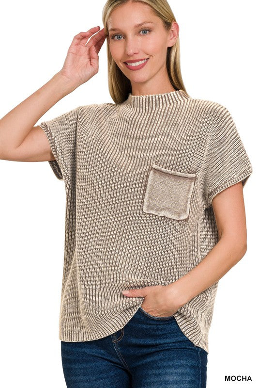 Acid wash mock neck sweater