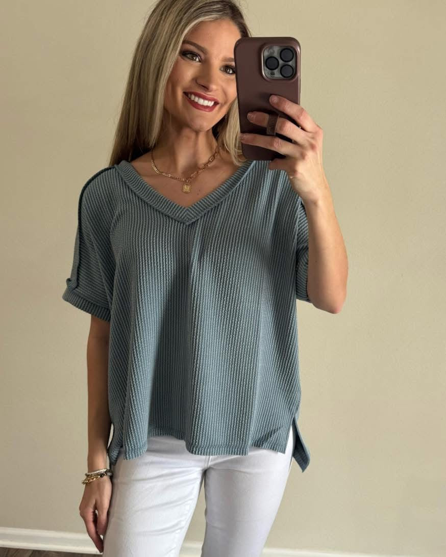 Ribbed Short Sleeve V Neck Top