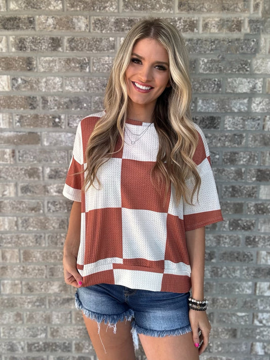 Rust Checkered Short Sleeve Top