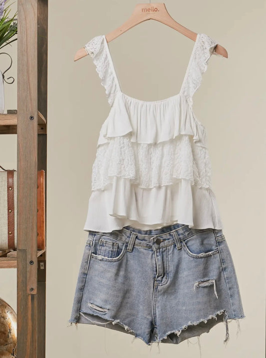 Lace Tiered Crop Top With Lace Straps