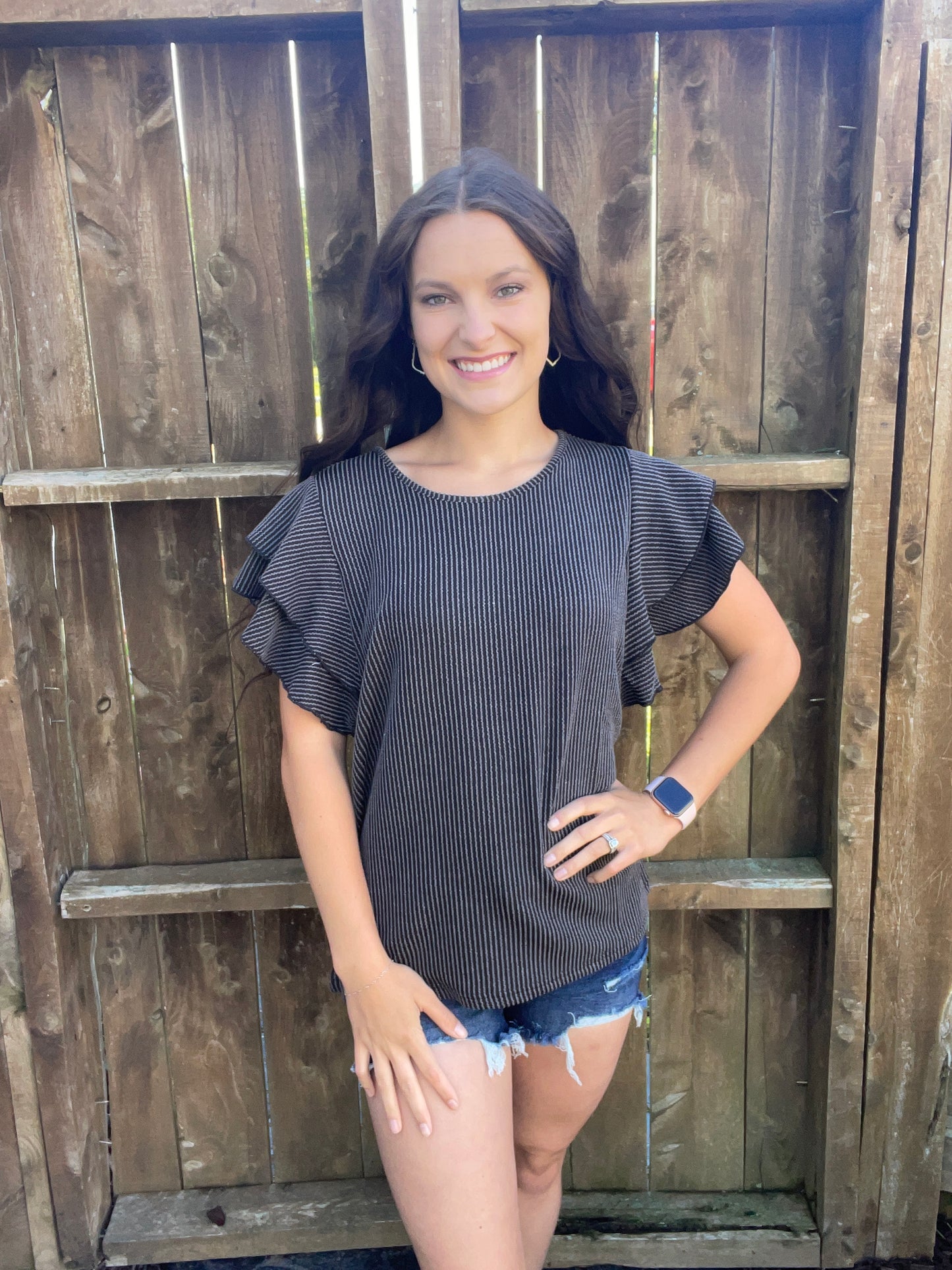 Charcoal Ribbed Ruffle Sleeve Top