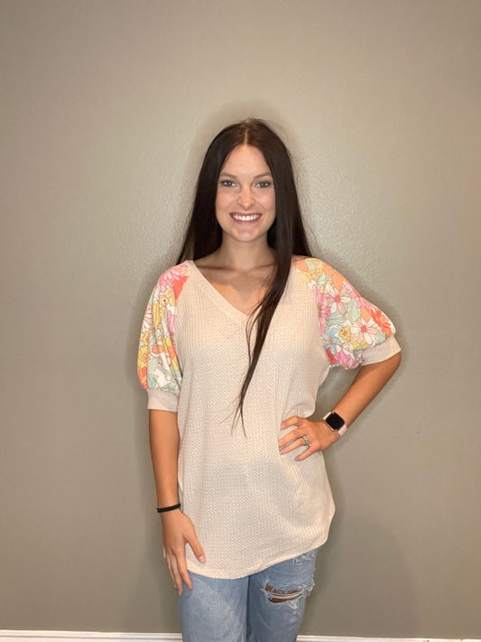 Oatmeal Waffle Knit Top With Floral Sleeves