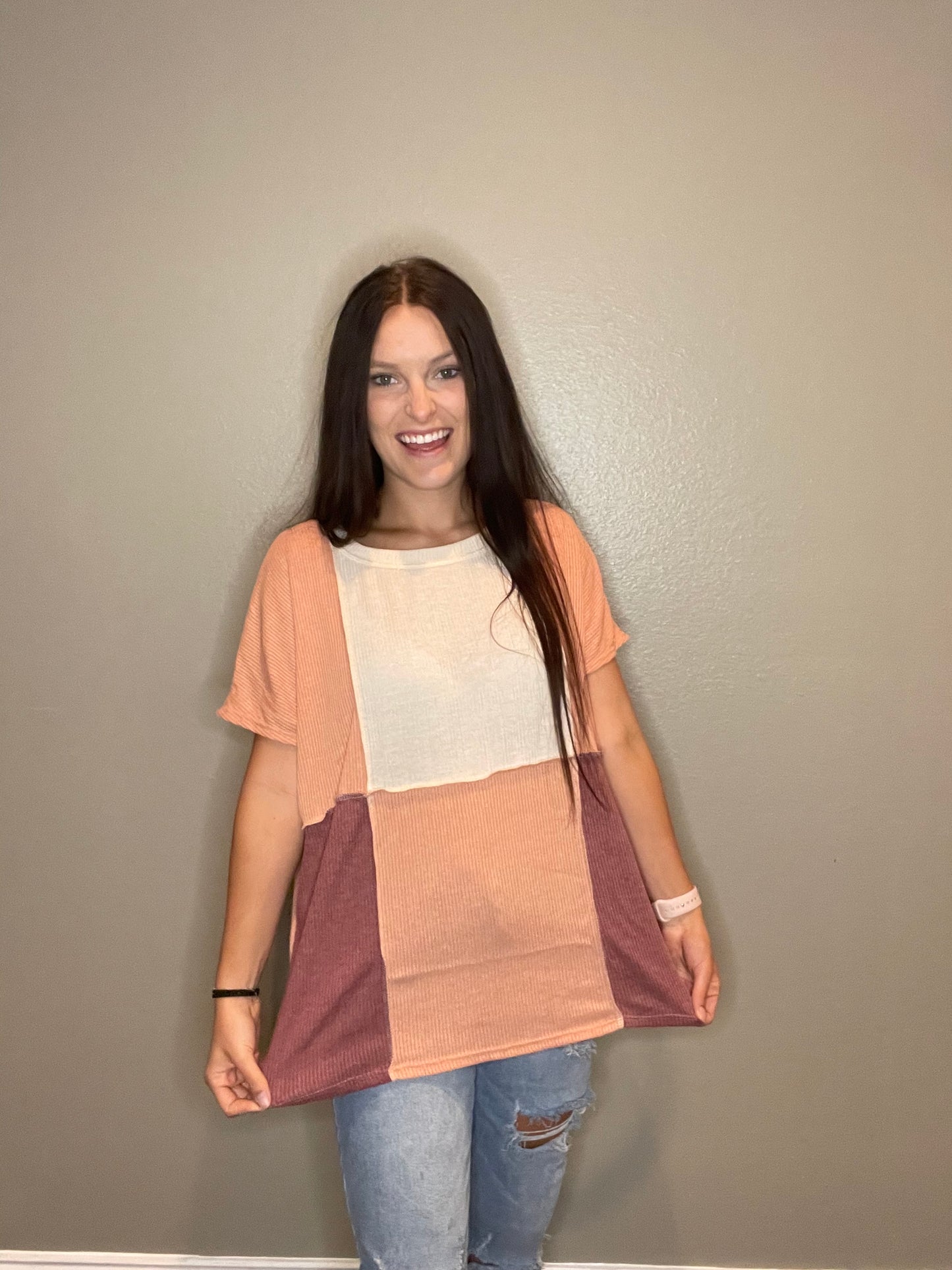 Beige, Peach, and Berry Color Block Top
