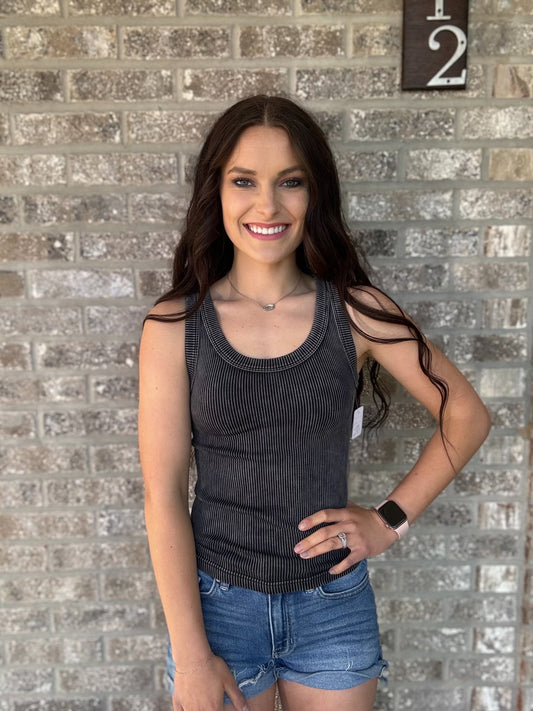 Black Acid Wash Ribbed Tank Top