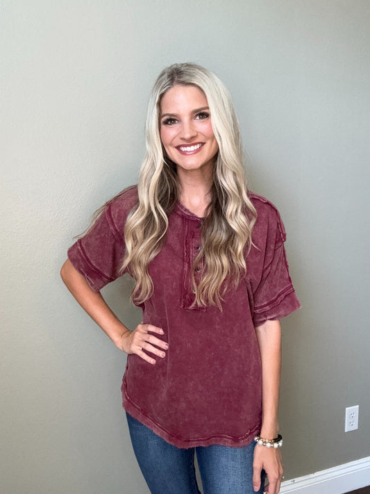 Burgundy Acid Wash Button Down Top