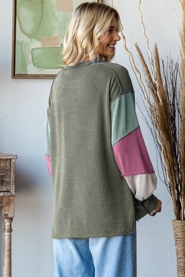 Olive Color Block Balloon Sleeve Top