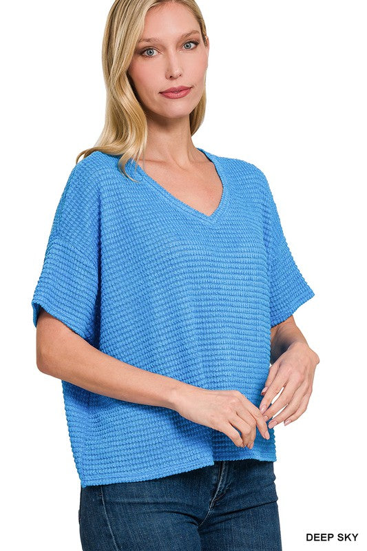 Blue waffle knit vneck top