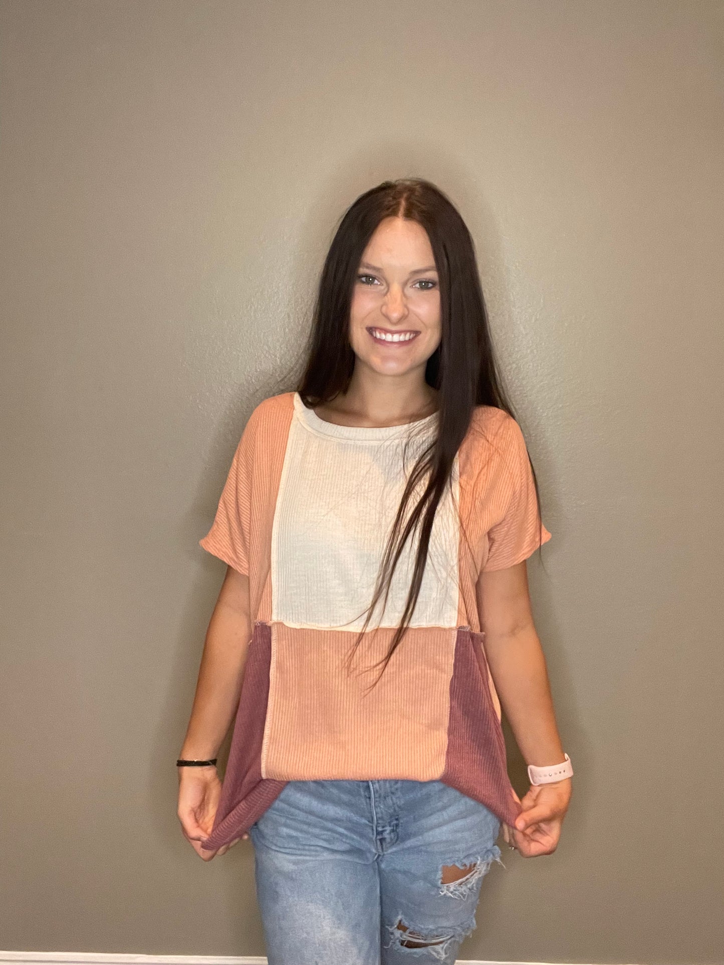 Beige, Peach, and Berry Color Block Top