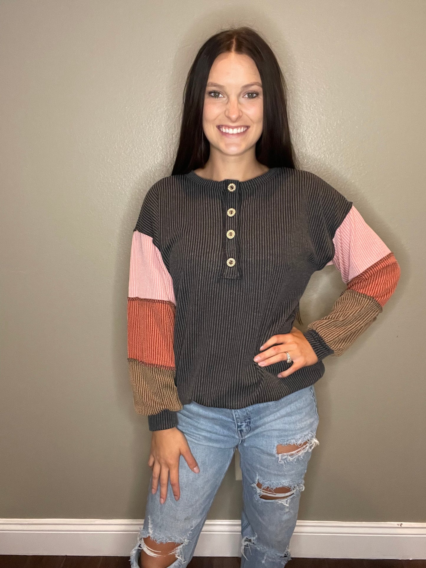 Charcoal Button Down Top With Color Block Sleeves