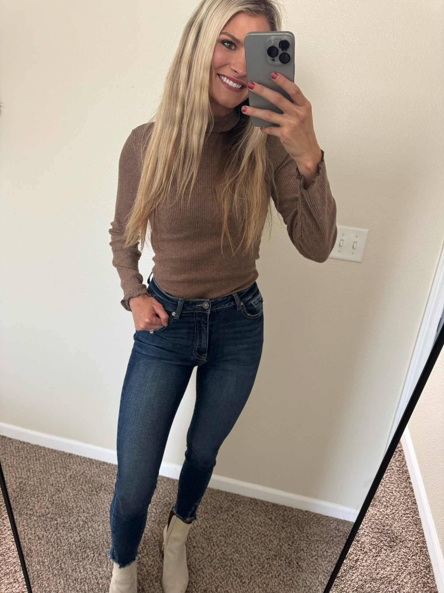 Mocha Ribbed Turtleneck Top