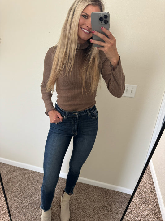 Mocha Ribbed Turtleneck Top
