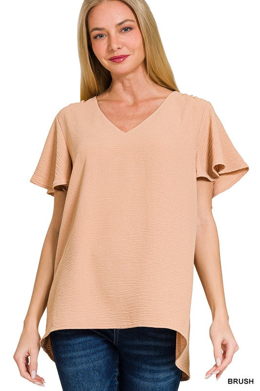 V Neck Flutter Sleeve Top