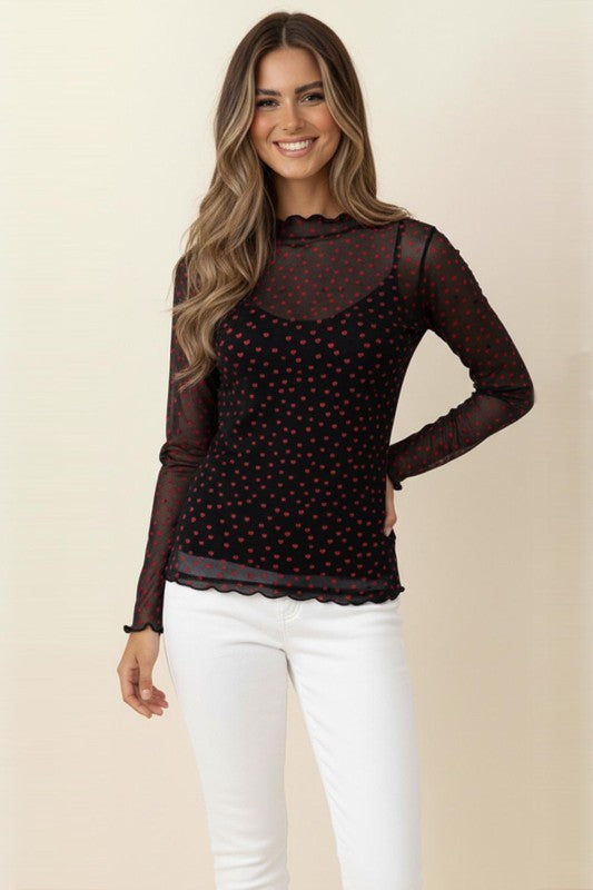Heart print mesh top